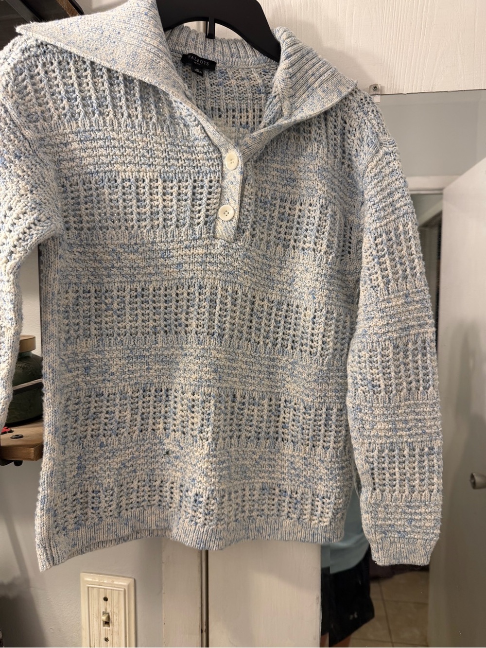 Talbots Light Blue Heather Open-Knit Collared Sweater